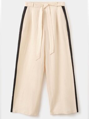 NWT Mango Cream Linen Wide-Leg Tie-Belt Pants with Black Side Stripe